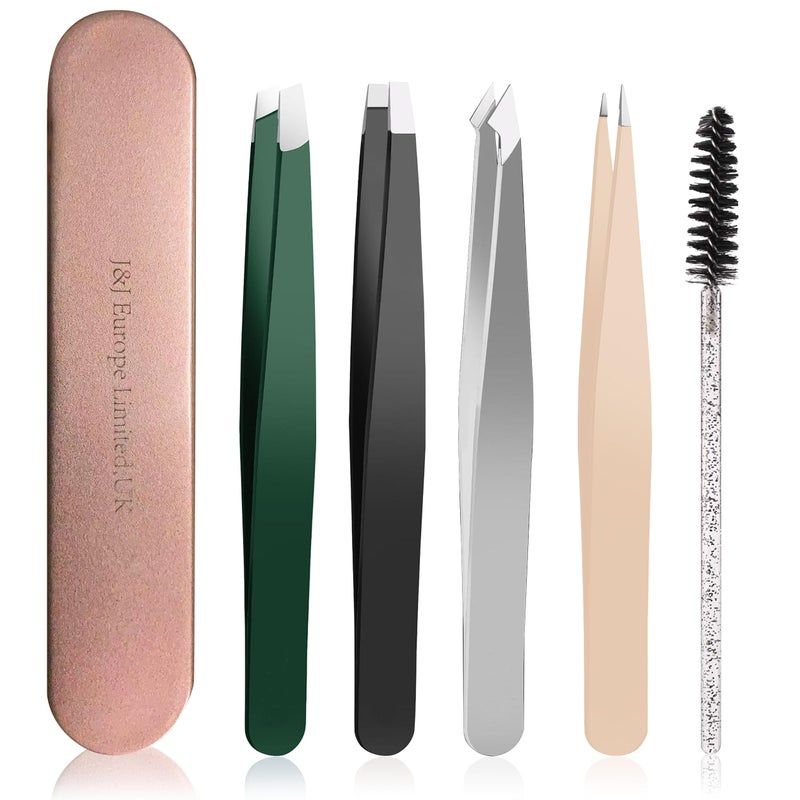 J&J Tweezer Best Tweezers, Precision Tweezers, Professional Stainless Steel for Eyebrow, Splinters, Eyelash Extensions â€“ Precision Grip -4-Pack with Eyebrow Brush - Image 1